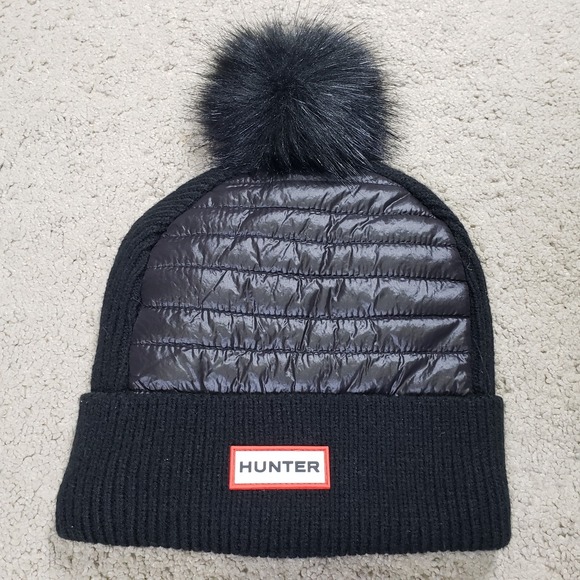 Hunter Accessories - Hunter Beanie Hat Black Baffle Quilted Faux Fur Pom Ski Cap Tuque Bobble Boggan